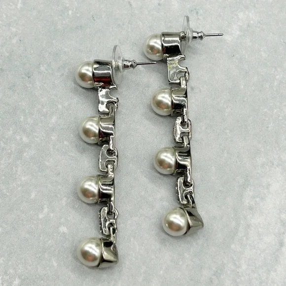 Gorgeous KJL Kenneth Jay Lane Long Silver Tone Pearl Cubic Zirconia CZ Earrings - Picture 6 of 14